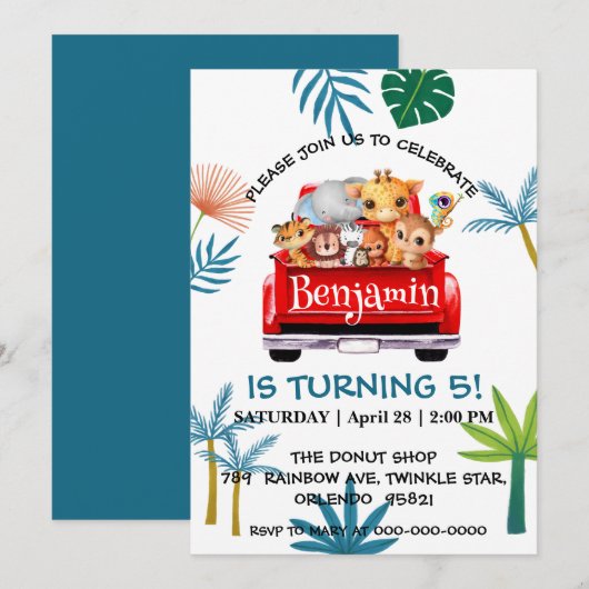 Niedlicher Zoo-Dschungelbaum Traktor Junge Geburts Einladung (Vorne/Hinten)