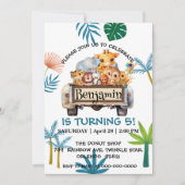 Niedlicher Zoo-Dschungelbaum Traktor Junge Geburts Einladung (Vorderseite)