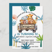 Niedlicher Zoo-Dschungelbaum Traktor Junge Geburts Einladung (Vorne/Hinten)