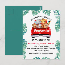 Niedlicher Zoo-Dschungelbaum Traktor Junge Geburts Postkarte