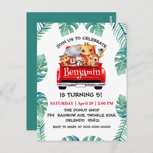 Niedlicher Zoo-Dschungelbaum Traktor Junge Geburts Postkarte (Vorne/Hinten)