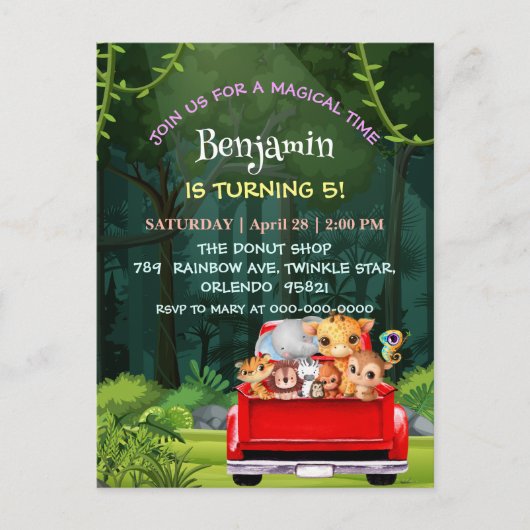 Niedlicher Zoo-Dschungelbaum Traktor Junge Geburts Postkarte (Vorderseite)