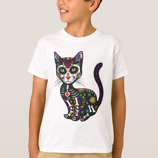 Niedlicher Zuckerschädel mexikanische Katze Hallow T-Shirt (Vorderseite)