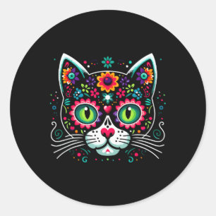 Niedlicher Zuckerschädel mexikanische Katze Runder Aufkleber