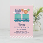 Niedlicher Zug Safari Tierlicher Cartoon Kindergeb Einladung (Stehend Vorderseite)