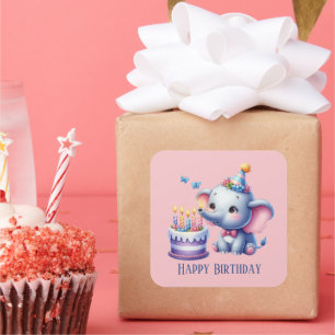 Niedlicher Zusatztext Happy Birthday Girl Elefant Quadratischer Aufkleber