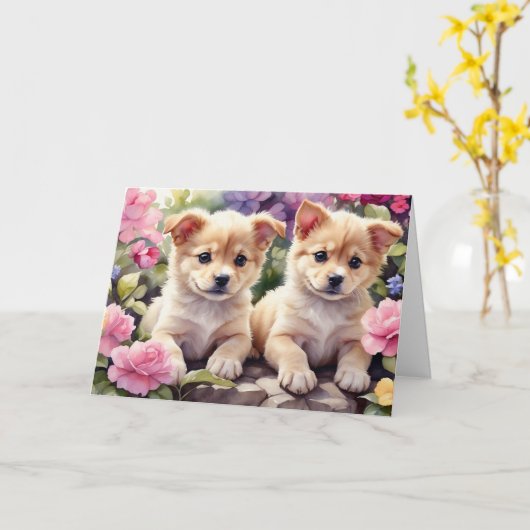 Niedlichere Welpen im Blumengarten Wasserfarbe Karte (Gelbe Blume)