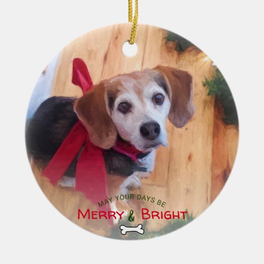 Niedliches 2-seitiges Hunde-Foto Merry and Bright Keramik Ornament (Vorne)