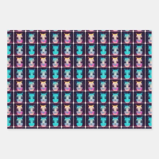 Niedliches Abstraktes Mädchen mit Hörnermuster Geschenkpapier Set (Vorderseite)