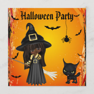 Niedliches African American Hexe & Cat Halloween-P Einladung