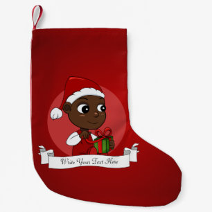 Niedliches afroamerikanisches Baby mit Weihnachtsm Kleiner Weihnachtsstrumpf