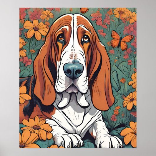 Niedliches Ai Basset Hound und Schmetterling in Bl Poster (Vorne)
