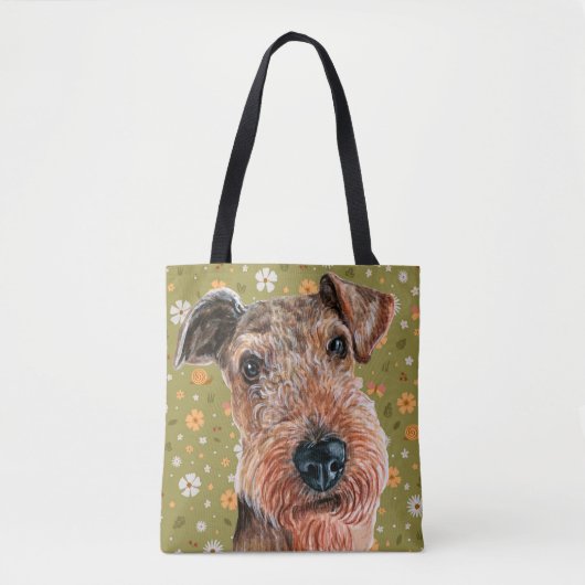 Niedliches Airedale Terrier und Muster für grüne B Tasche (Vorderseite)