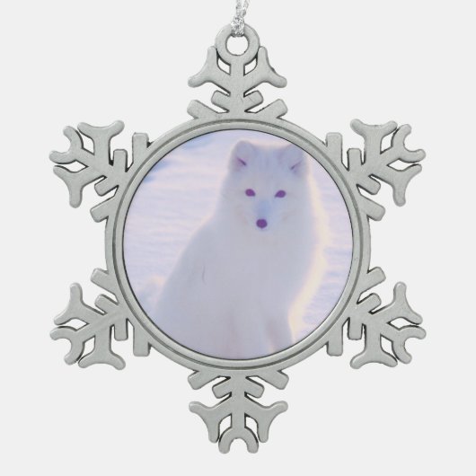 Niedliches Alaska Arctic Winter Fox Foto entwickel Schneeflocken Zinn-Ornament (Vorderseite)