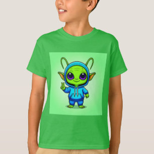 Niedliches Alien-Charakter-Pose in farbenfroher Kl T-Shirt
