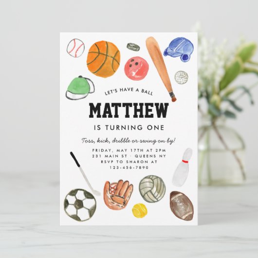 Niedliches All Star Sports Balls Team Kindermädche Einladung (Stehend Vorderseite)