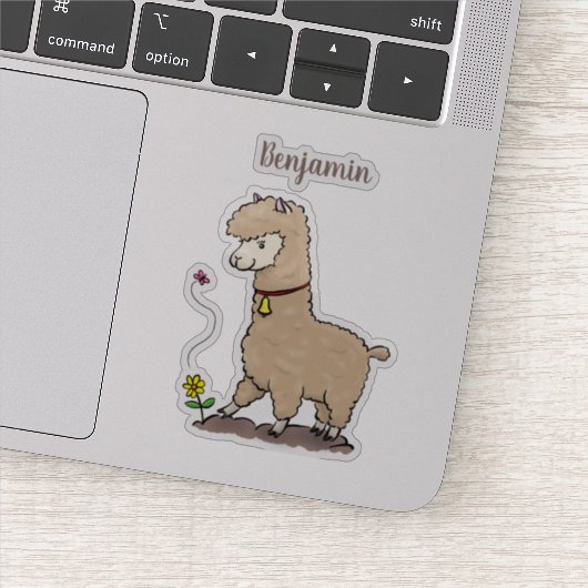 Niedliches Alpaca mit Schmetterling-Cartoon Aufkleber (Detail)