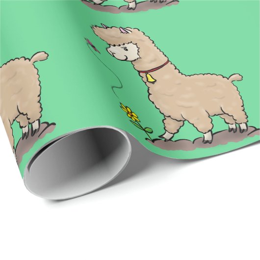 Niedliches Alpaca mit Schmetterling-Cartoon Geschenkpapier (Rolleneckpunkt)