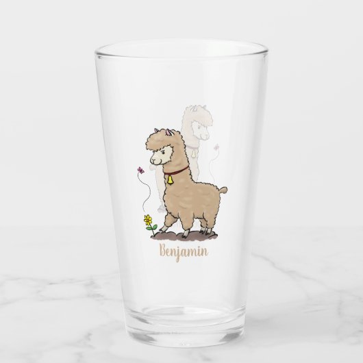 Niedliches Alpaca mit Schmetterling-Cartoon Glas (Rückseite)