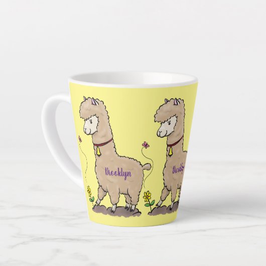 Niedliches Alpaca mit Schmetterling-Cartoon Milchtasse (Linke Ecke)