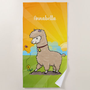 Niedliches Alpaca mit Schmetterling-Cartoon Strandtuch