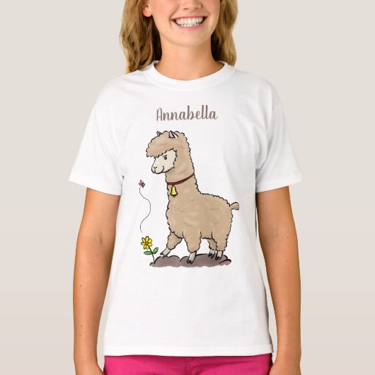 Niedliches Alpaca mit Schmetterling-Cartoon T-Shirt (Vorderseite)