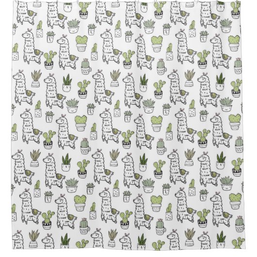 Niedliches Alpaka-u. Kaktus-Muster Duschvorhang (Vorderseite)