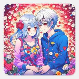 Niedliches Anime Couple umgeben von Blume und Herz Quadratischer Aufkleber