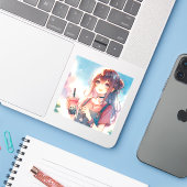 Niedliches Anime Girl Holen eines Boba Tees Aufkleber (Laptop mit iPhone)