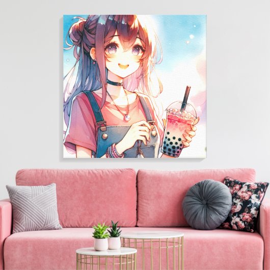 Niedliches Anime Girl Holen eines Boba Tees Leinwanddruck (Insitu (Wohnzimmer))