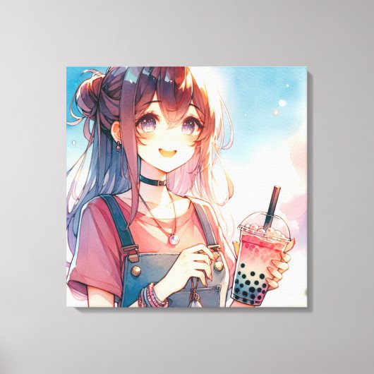 Niedliches Anime Girl Holen eines Boba Tees Leinwanddruck (Vorderseite)