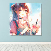 Niedliches Anime Girl Holen eines Boba Tees Leinwanddruck (Insitu (Holzboden))