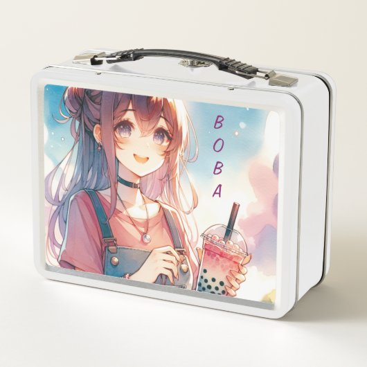 Niedliches Anime Girl Holen eines Boba Tees Metall Brotdose (Rückseite)