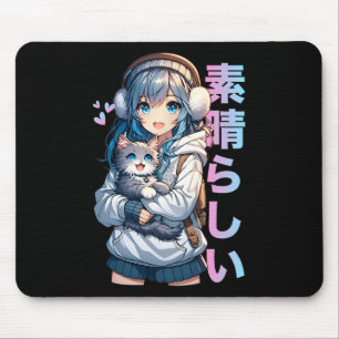 Niedliches Anime-Girl mit Katze für Katze Lover Ka Mousepad