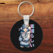 Niedliches Anime-Girl mit Katze für Katze Lover Ka Schlüsselanhänger (Vorderseite)