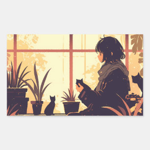 Niedliches Anime-Girl mit Katzen in der Nähe des F Rechteckiger Aufkleber