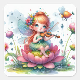 Niedliches Anime Girl mit Violine auf Lotus Blume Quadratischer Aufkleber