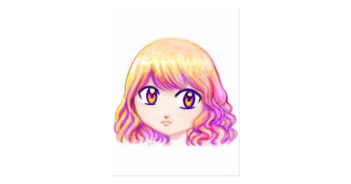 Niedliches Anime Madchen Mit Dem Bunten Haar Postkarte Zazzle De