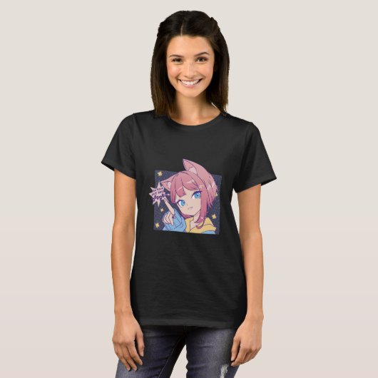 Niedliches Anime-Mädchen mit Katzenohren T-Shirt (Vorne ganz)