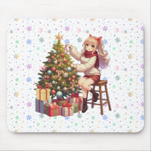 Niedliches Anime-Mädchen schneidet den Baum Mousepad