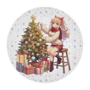 Niedliches Anime-Mädchen schneidet den Baum Schneidebrett
