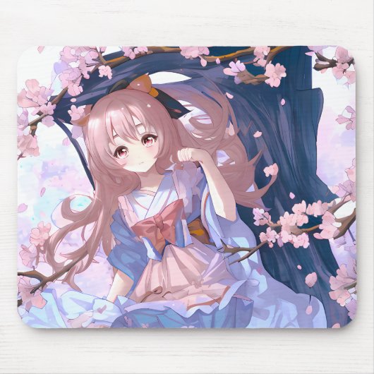 Niedliches Anime-Mädchen unter einem Kirschblossom Mousepad (Vorne)