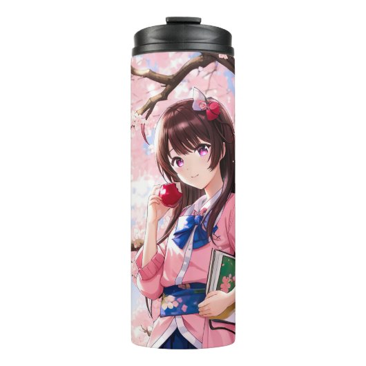 Niedliches Anime-Mädchen unter einem Kirschblossom Thermosbecher (Vorderseite)