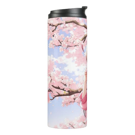 Niedliches Anime-Mädchen unter einem Kirschblossom Thermosbecher (Nach links gedreht)