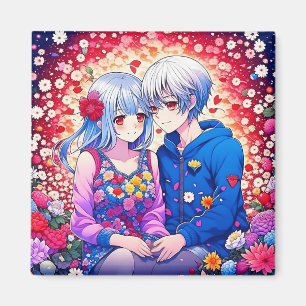 Niedliches Anime-Paar, Blume und Herz Magnet