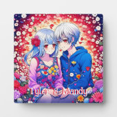 Niedliches Anime-Paar, Blume und Herz Personalisie Fotoplatte (Vorderseite)