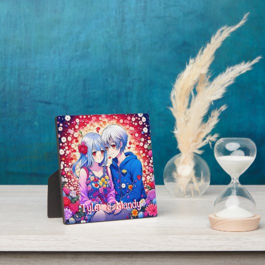 Niedliches Anime-Paar, Blume und Herz Personalisie Fotoplatte (InSitu)