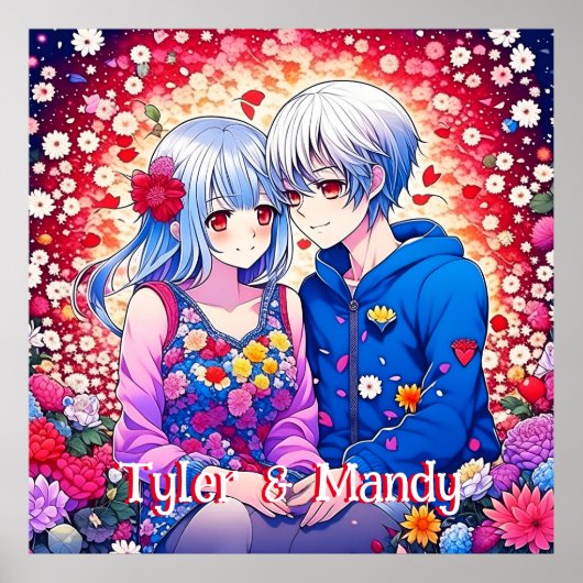 Niedliches Anime-Paar, Blume und Herz Personalisie Poster (Vorne)