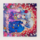 Niedliches Anime-Paar, Blume und Herz Personalisie Puzzle (Horizontal)
