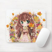 Niedliches Animemädchen mit Herbst-Blätter Mousepad (Mit Mouse)